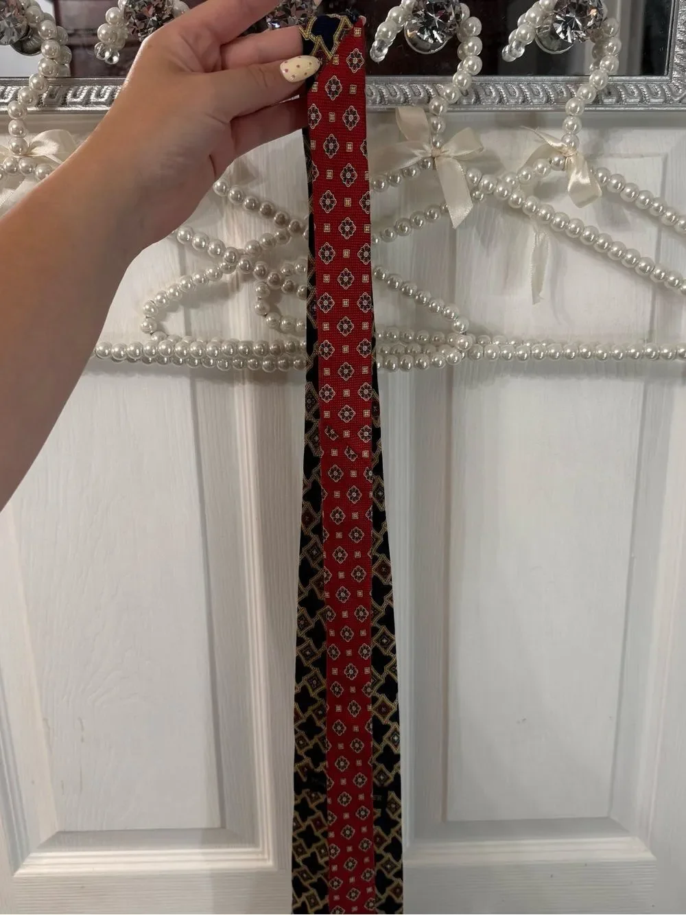 Vintage Signature Tommy Hilfiger Black Tie with Gold and Red Geometric Motif